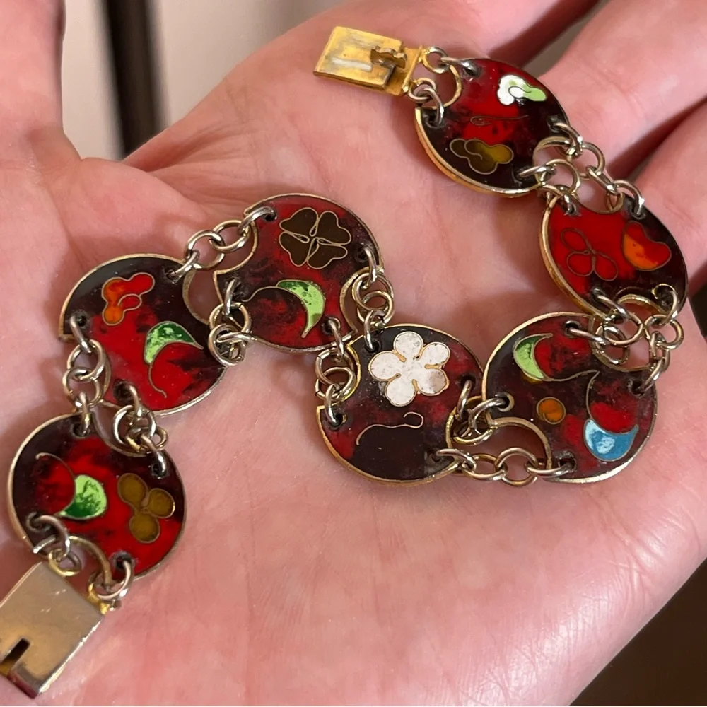 Vintage 60 70 Bohemian Red Enameled Double link made in Taiwan Mod MCM Bracelet - Picture 6 of 16